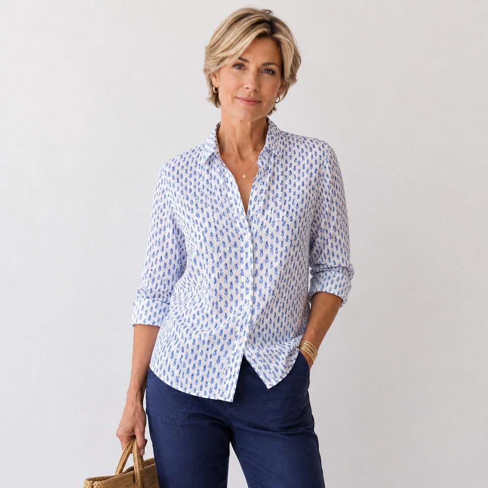 Frank & Eileen Barry Shirt Women Blue Pineapple Print Button Up 100% Linen XS